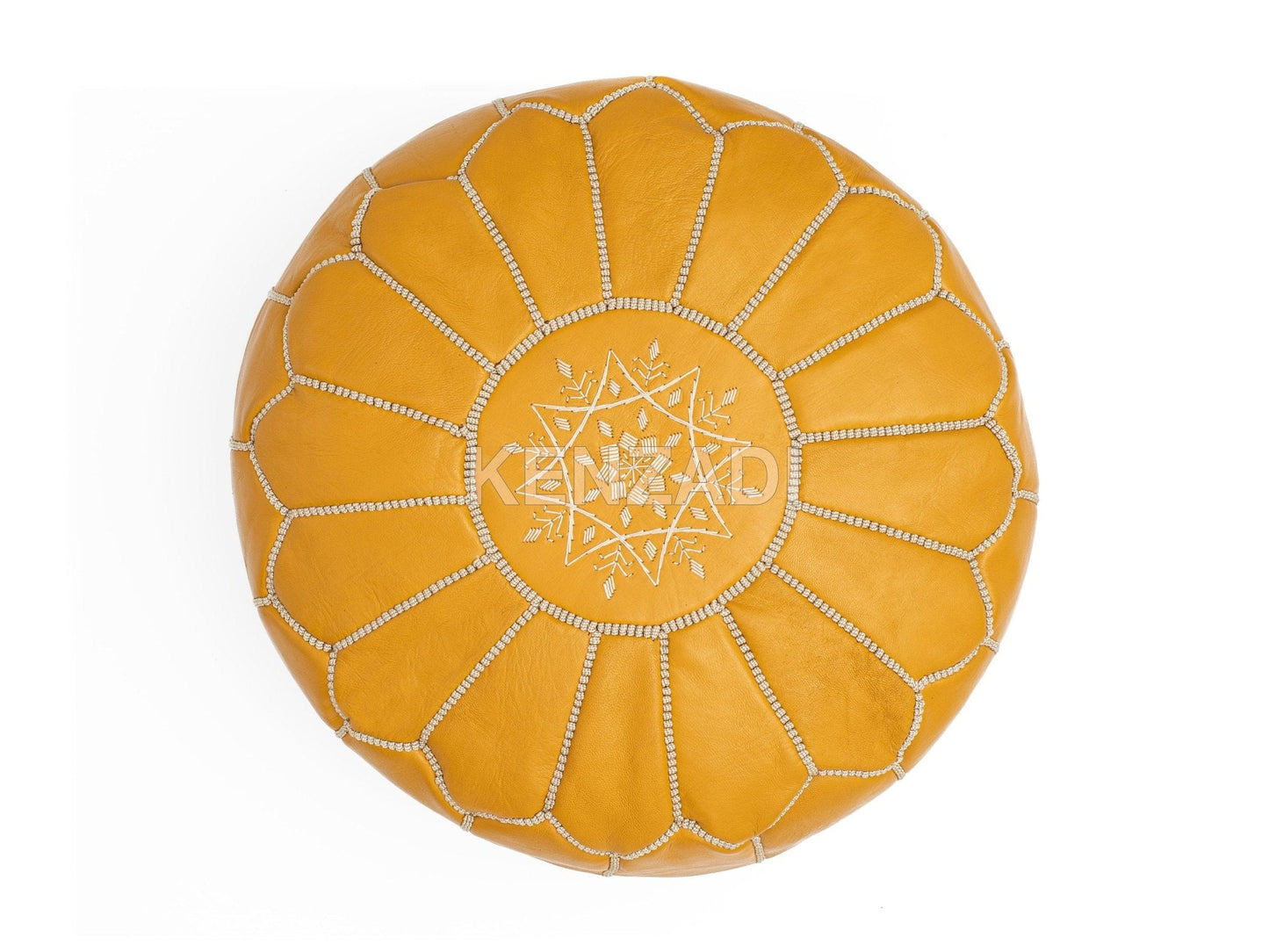 Moroccan leather pouf, round pouf, berber pouf, Yellow pouf with White embroidery by MyPoufs.com