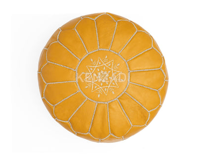 Moroccan leather pouf, round pouf, berber pouf, Yellow pouf with White embroidery by MyPoufs.com