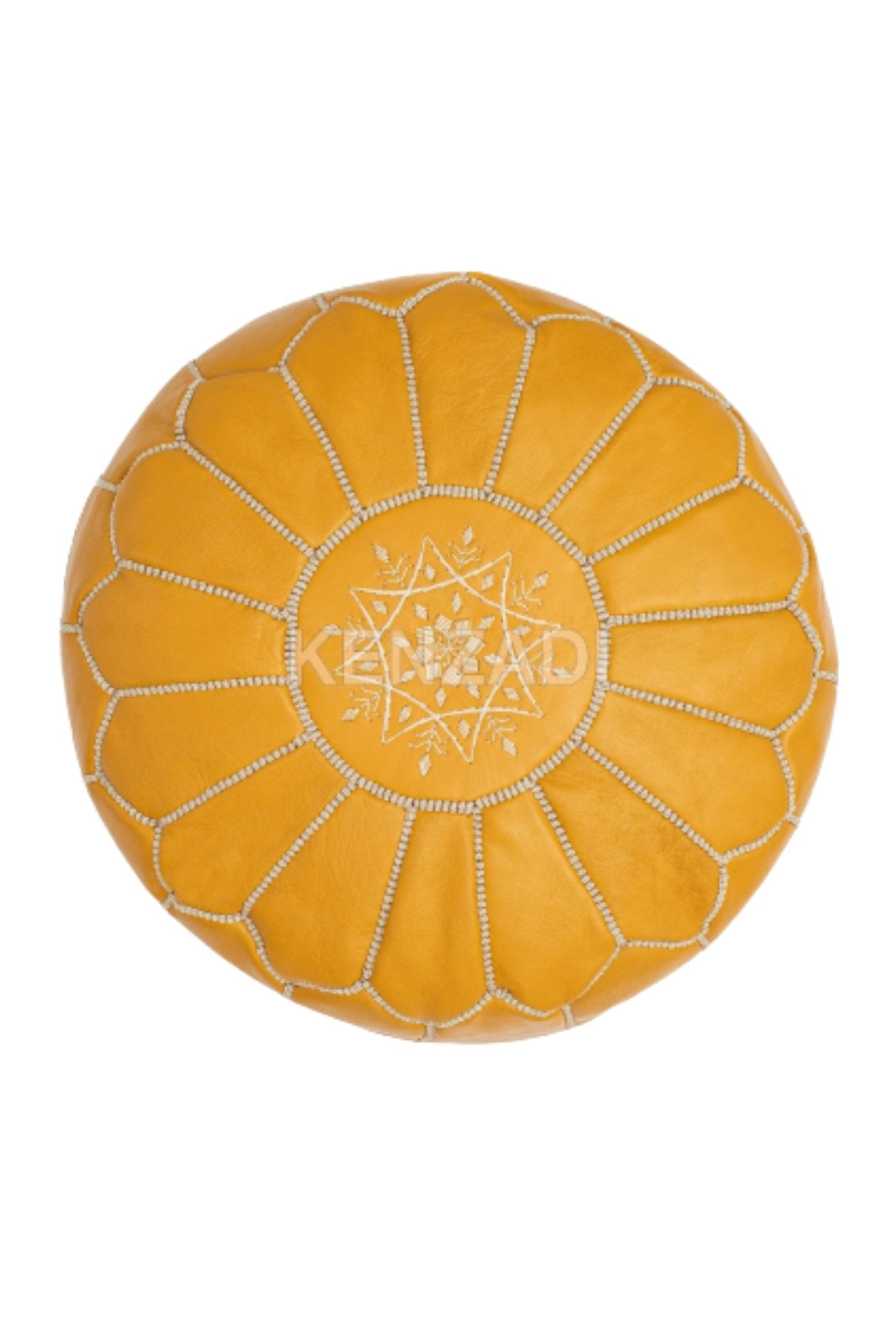 Moroccan leather pouf, round pouf, berber pouf, Yellow pouf with White embroidery by MyPoufs.com