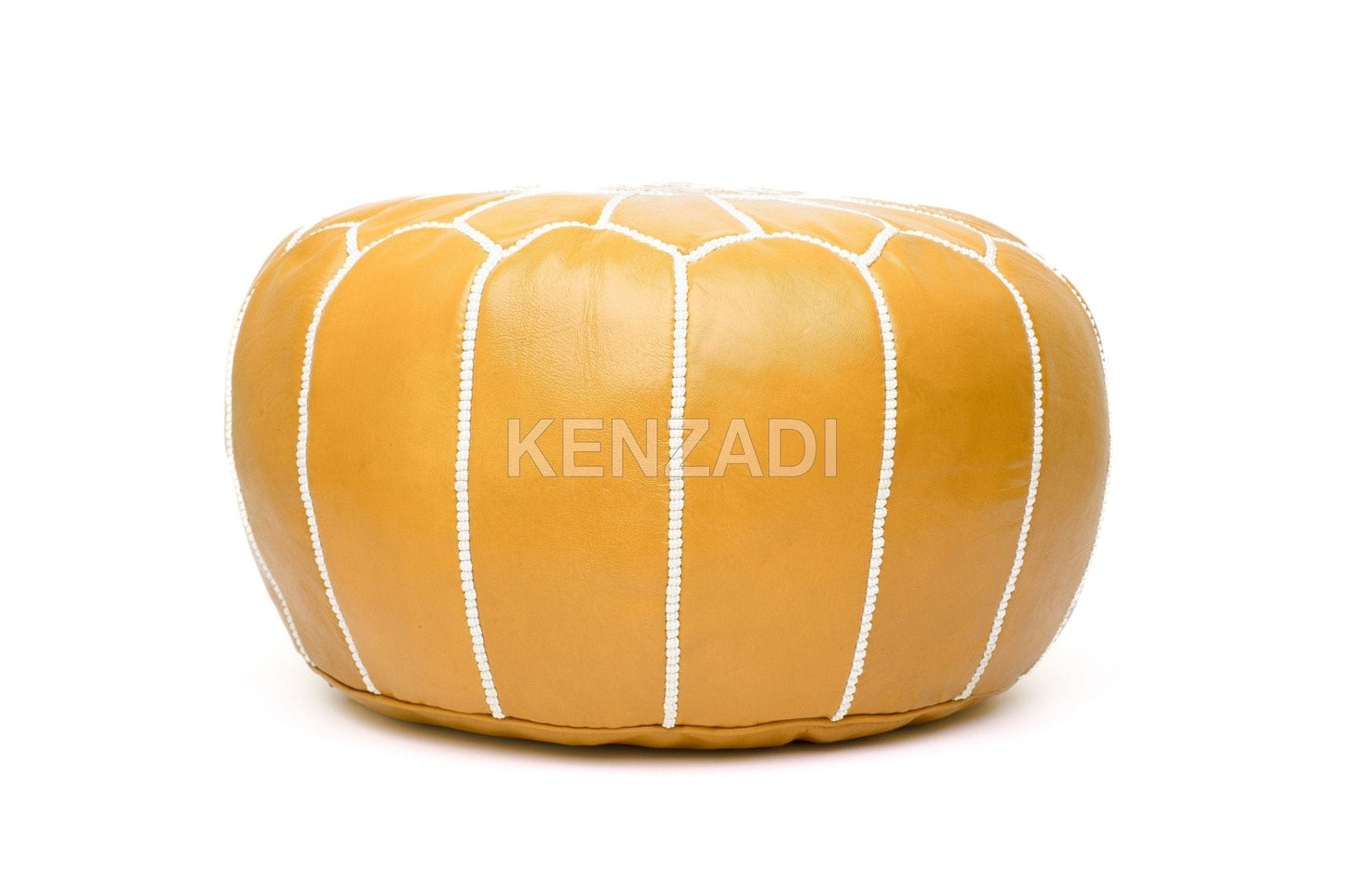 Moroccan leather pouf, round pouf, berber pouf, Yellow pouf with White embroidery by MyPoufs.com