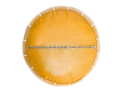 Moroccan leather pouf, round pouf, berber pouf, Yellow pouf with White embroidery by MyPoufs.com