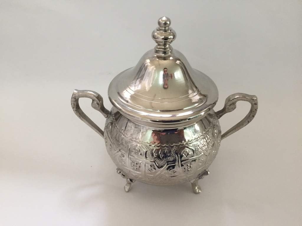 Moroccan Medium Sugar Bowl Container for Tea Pot Set Handmade Brass Silver Plated Teapot Hand Carved In Fes Morocco