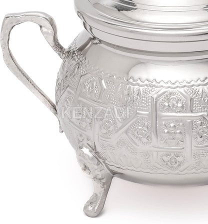 Moroccan Medium Sugar Bowl Container for Tea Pot Set Handmade Brass Silver Plated Teapot Hand Carved In Fes Morocco