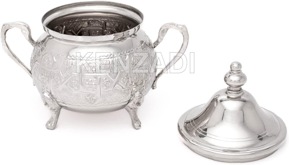Moroccan Medium Sugar Bowl Container for Tea Pot Set Handmade Brass Silver Plated Teapot Hand Carved In Fes Morocco