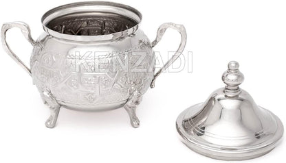 Moroccan Medium Sugar Bowl Container for Tea Pot Set Handmade Brass Silver Plated Teapot Hand Carved In Fes Morocco