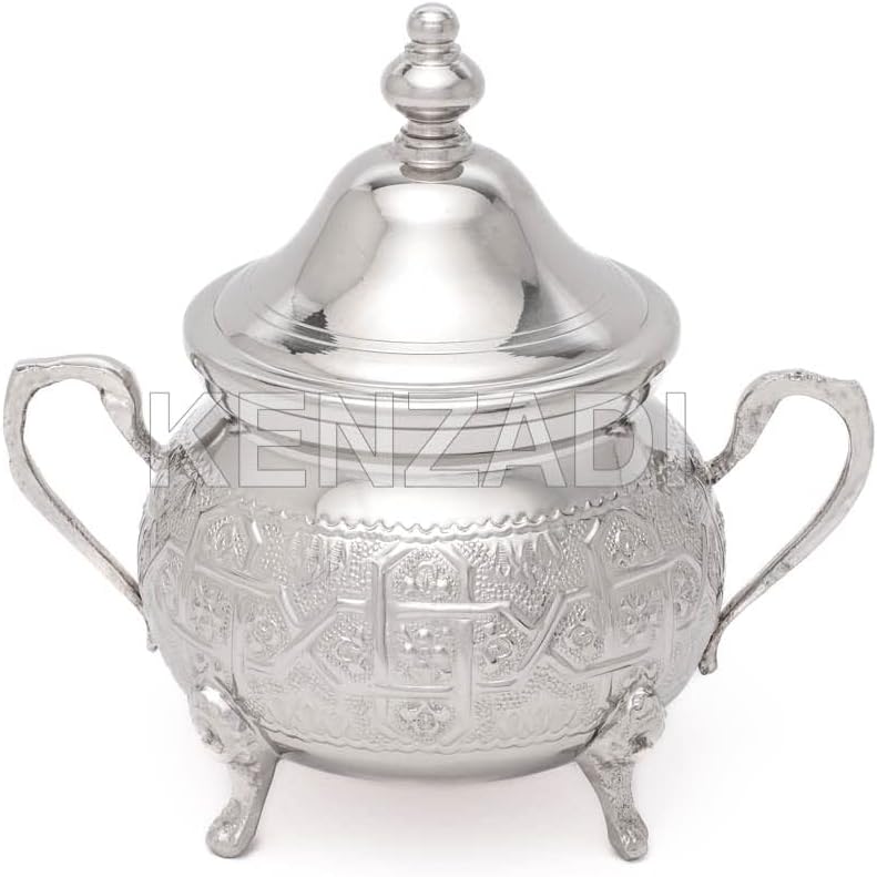 Moroccan Medium Sugar Bowl Container for Tea Pot Set Handmade Brass Silver Plated Teapot Hand Carved In Fes Morocco