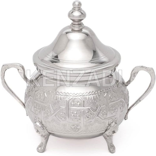 Moroccan Medium Sugar Bowl Container for Tea Pot Set Handmade Brass Silver Plated Teapot Hand Carved In Fes Morocco