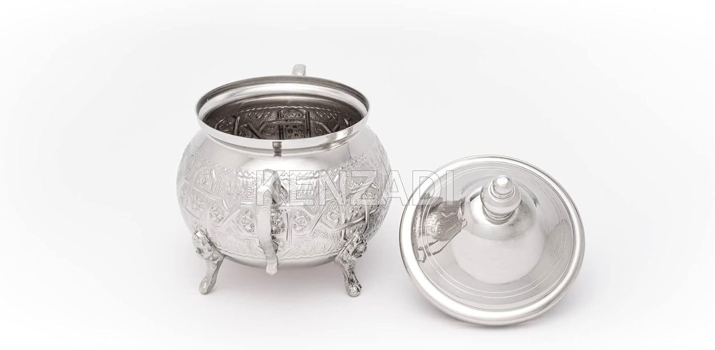Moroccan Medium Sugar Bowl Container for Tea Pot Set Handmade Brass Silver Plated Teapot Hand Carved In Fes Morocco