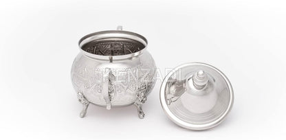 Moroccan Medium Sugar Bowl Container for Tea Pot Set Handmade Brass Silver Plated Teapot Hand Carved In Fes Morocco