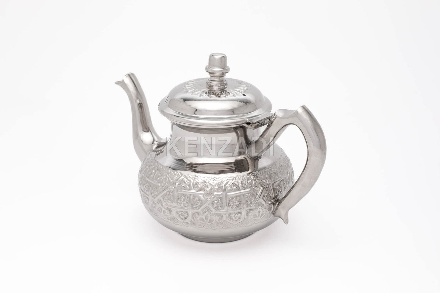 Moroccan Serving TeaPot Handmade Of Brass Silver Plated Hand Carved In Fes Morocco