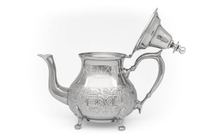 Moroccan Serving TeaPot Handmade Of Brass Silver Plated Hand Carved In Fes Morocco