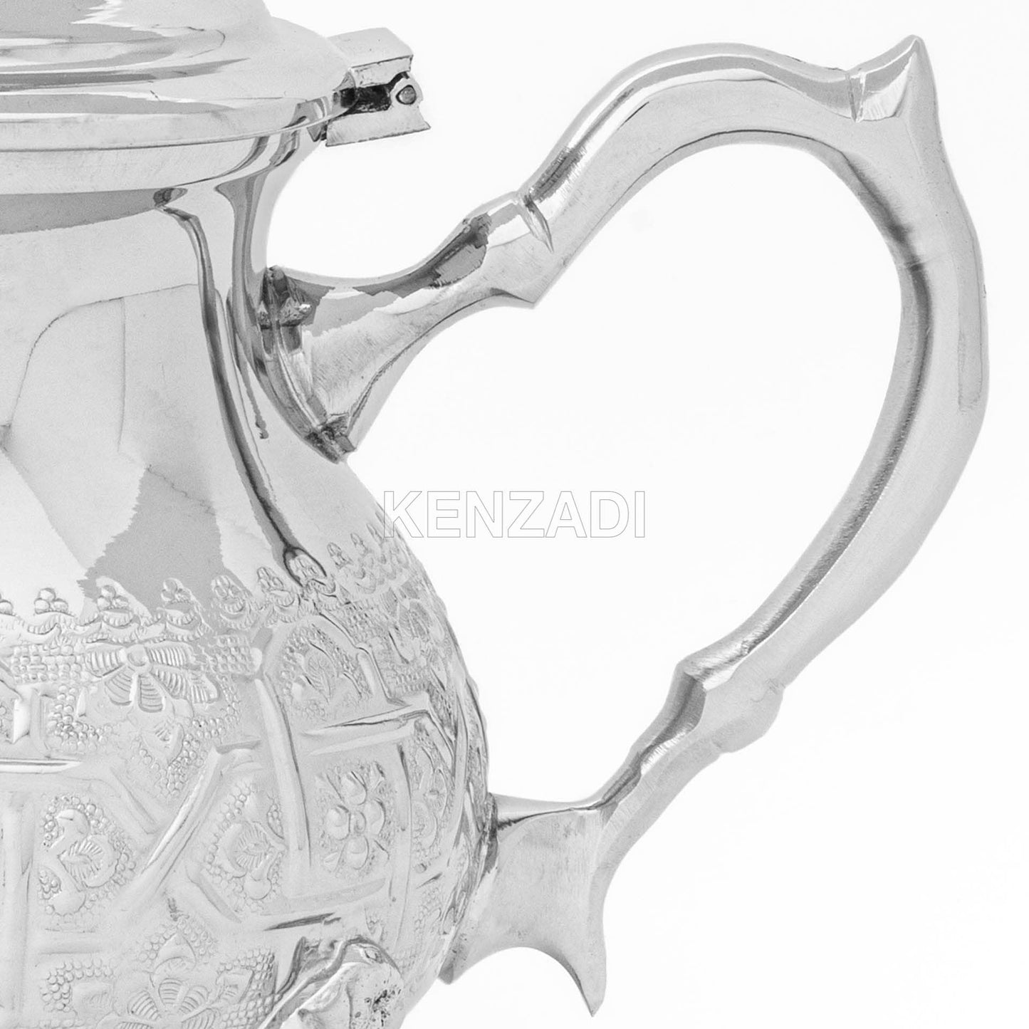 Moroccan Serving TeaPot Handmade Of Brass Silver Plated Hand Carved In Fes Morocco