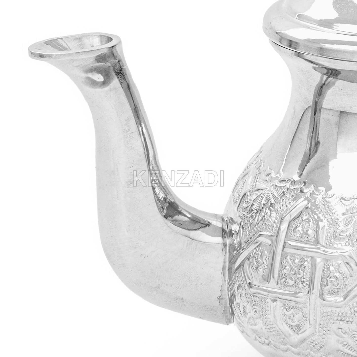 Moroccan Serving TeaPot Handmade Of Brass Silver Plated Hand Carved In Fes Morocco