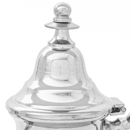 Moroccan Serving TeaPot Handmade Of Brass Silver Plated Hand Carved In Fes Morocco