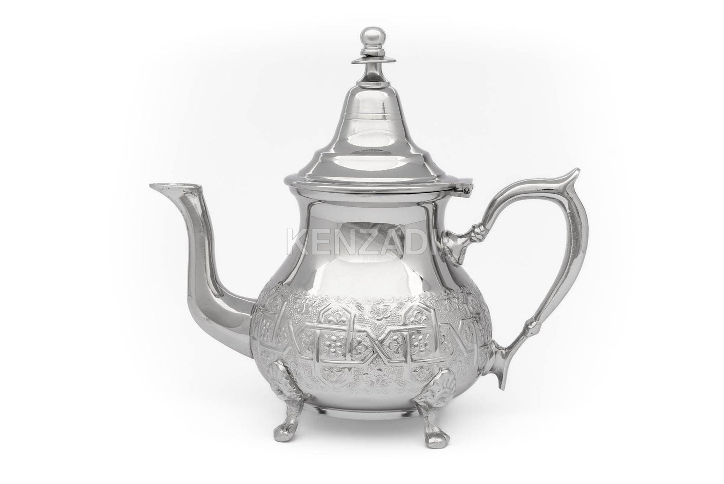 Moroccan Serving TeaPot Handmade Of Brass Silver Plated Hand Carved In Fes Morocco
