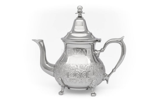 Moroccan Serving TeaPot Handmade Of Brass Silver Plated Hand Carved In Fes Morocco