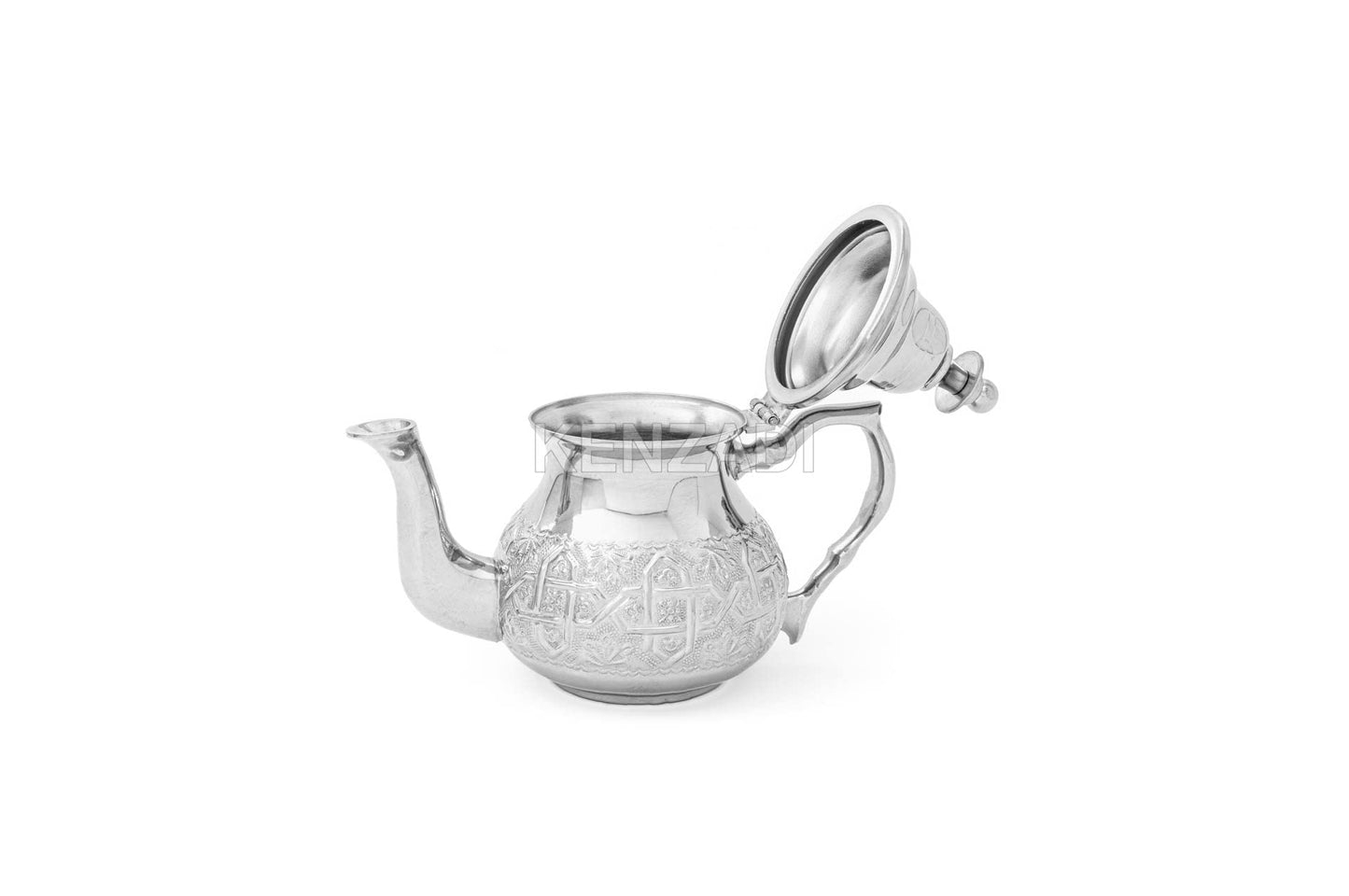 Moroccan Serving TeaPot Handmade Of Brass Silver Plated Hand Carved In Fes Morocco