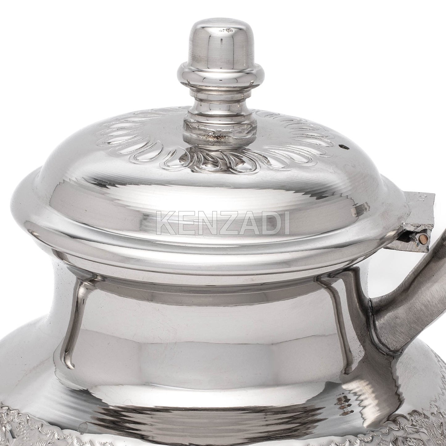 Moroccan Serving TeaPot Handmade Of Brass Silver Plated Hand Carved In Fes Morocco