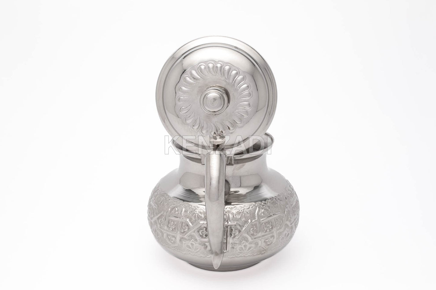 Moroccan Serving TeaPot Handmade Of Brass Silver Plated Hand Carved In Fes Morocco