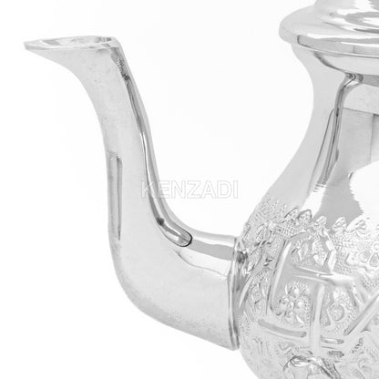 Moroccan Serving TeaPot Handmade Of Brass Silver Plated Hand Carved In Fes Morocco
