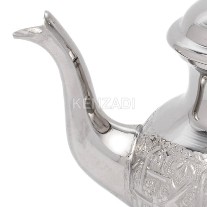 Moroccan Serving TeaPot Handmade Of Brass Silver Plated Hand Carved In Fes Morocco