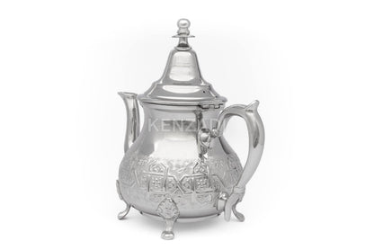Moroccan Serving TeaPot Handmade Of Brass Silver Plated Hand Carved In Fes Morocco