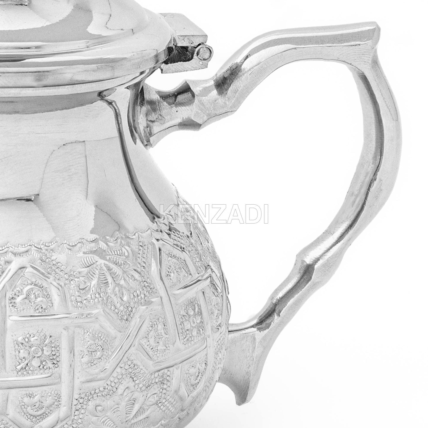 Moroccan Serving TeaPot Handmade Of Brass Silver Plated Hand Carved In Fes Morocco