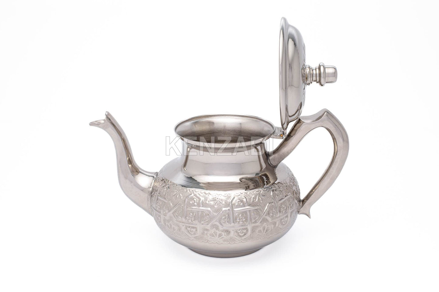 Moroccan Serving TeaPot Handmade Of Brass Silver Plated Hand Carved In Fes Morocco