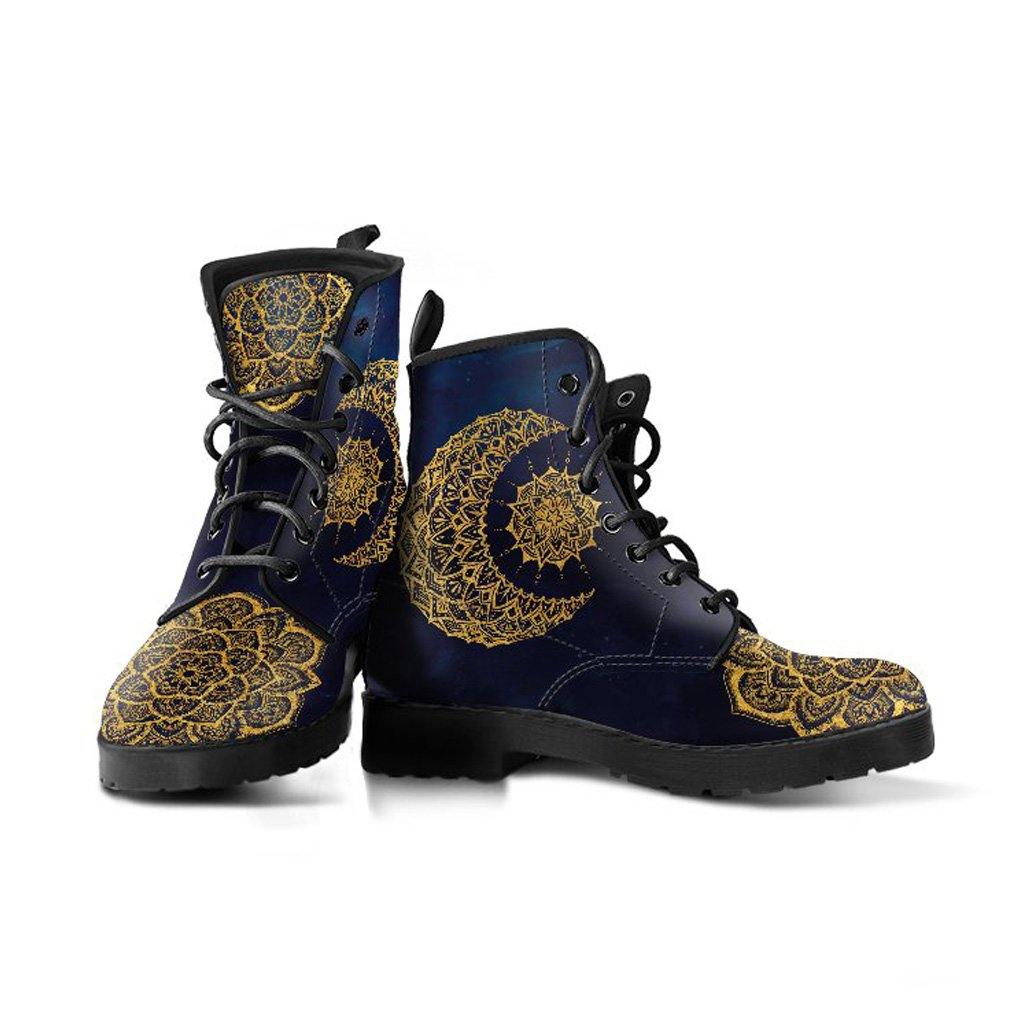 Gold Sun and Moon on Blue  Memory Foam Boots | All Season Lace Up Boots | Vegan Leather Combat Boot