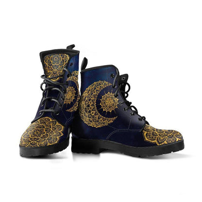 Gold Sun and Moon on Blue  Memory Foam Boots | All Season Lace Up Boots | Vegan Leather Combat Boot