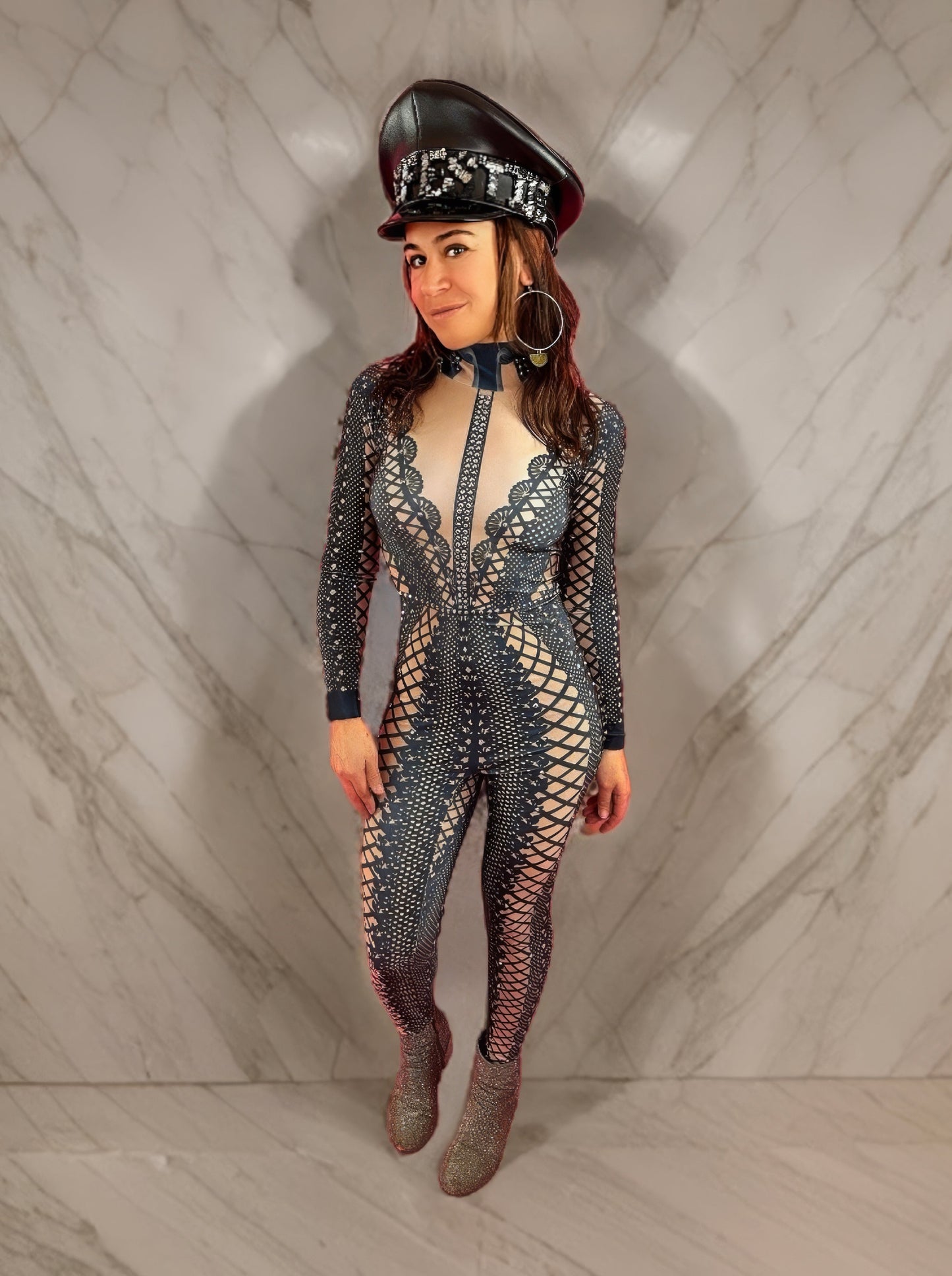 Justine Rhinestone Lace Bodysuit | Black & White Diamond Catsuit for Festival, Stage & Bridal Afterparty – Manifestie
