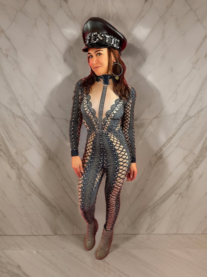 Justine Rhinestone Lace Bodysuit | Black & White Diamond Catsuit for Festival, Stage & Bridal Afterparty – Manifestie
