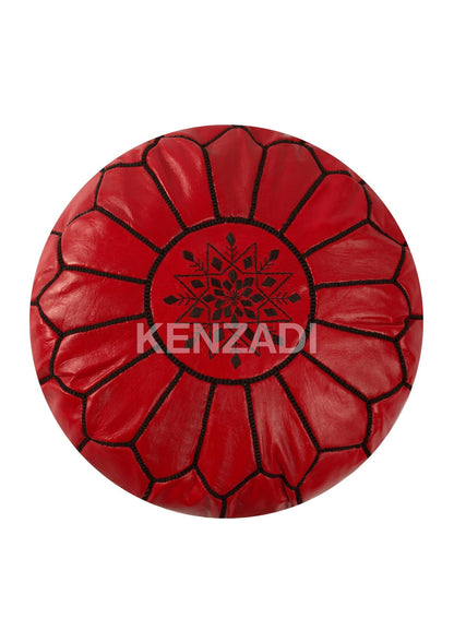 Moroccan leather pouf, round pouf, berber pouf, red pouf with black embroidery by MyPoufs.com