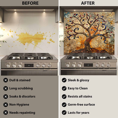 Tempered Glass Kitchen Backsplash – Mosaic Tree of Life Panel for Rustic & Artistic Kitchens