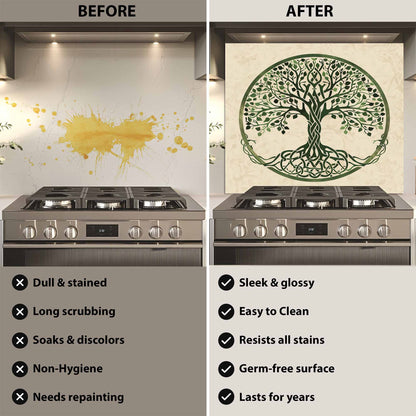 Celtic Roots Tempered Glass Backsplash – Green Tree of Life Kitchen Backsplash for Stove