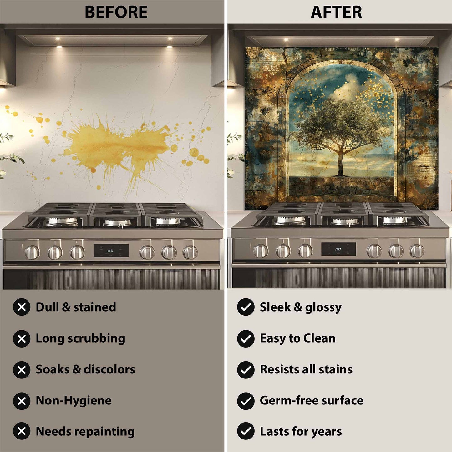 Golden Silence Tempered Glass Backsplash – Tree of Life Kitchen Backsplash