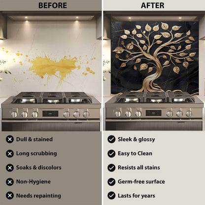 Golden Vine Tree Stove Backsplash – Tempered Glass Backsplash for Kitchen