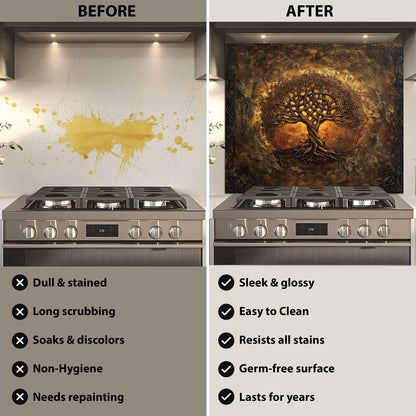 Mystic Ember Tempered Glass Backsplash – Tree of Life Kitchen Backsplash for Stove
