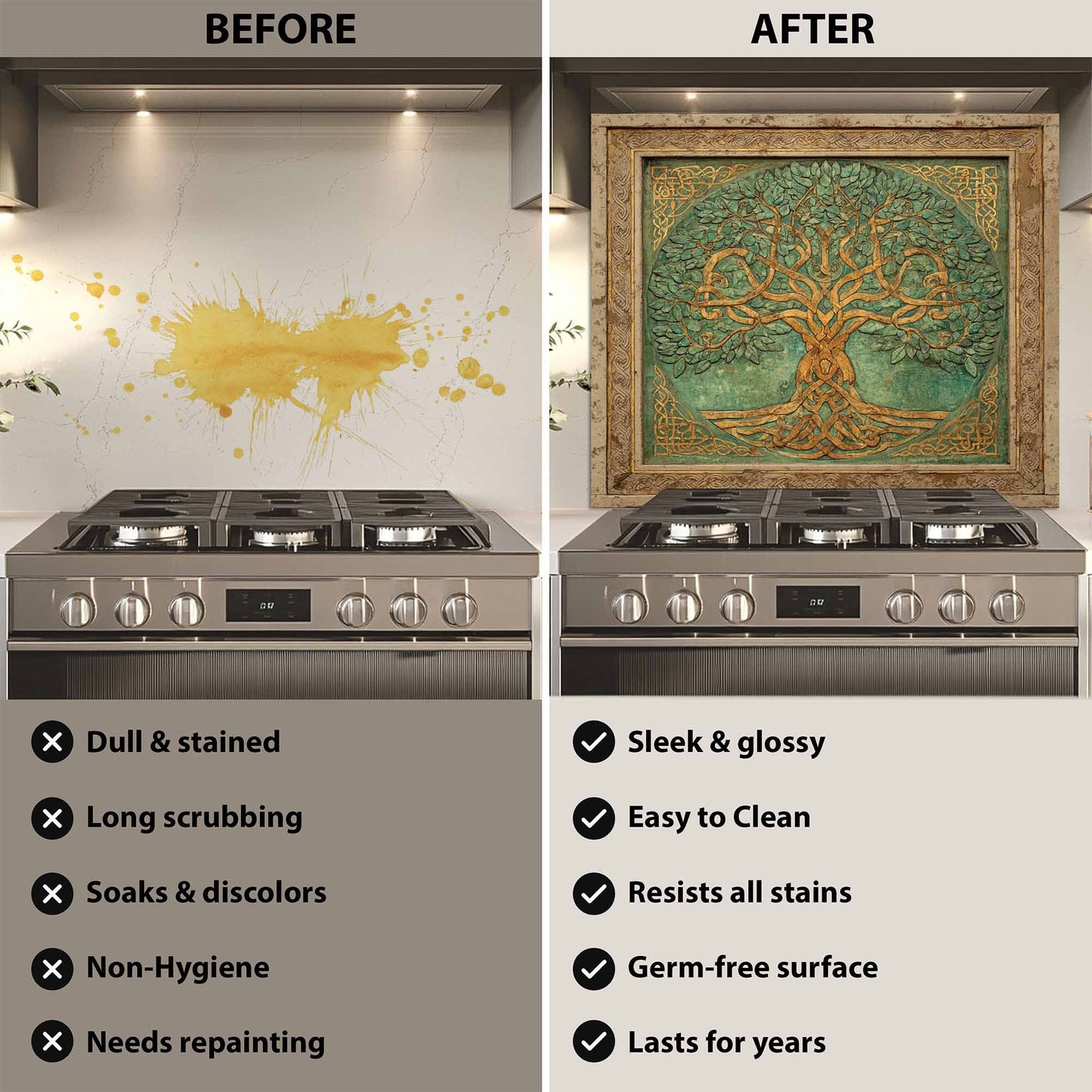 Emerald Gold Tree Tempered Glass Backsplash – Tree of Life Kitchen Backsplash