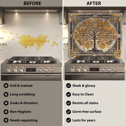 Gilded Harmony Tree of Life Kitchen Backsplash – Tempered Glass Backsplash for Stove
