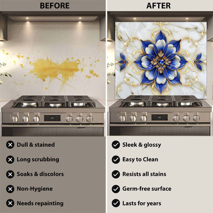 Tempered Glass Backsplash for Kitchen – Royal Blue Blossom Custom Splashback