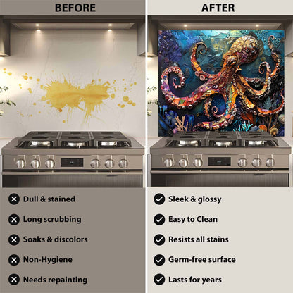 Custom Kitchen Backsplash – Majestic Octopus Tempered Glass Stove Backsplash