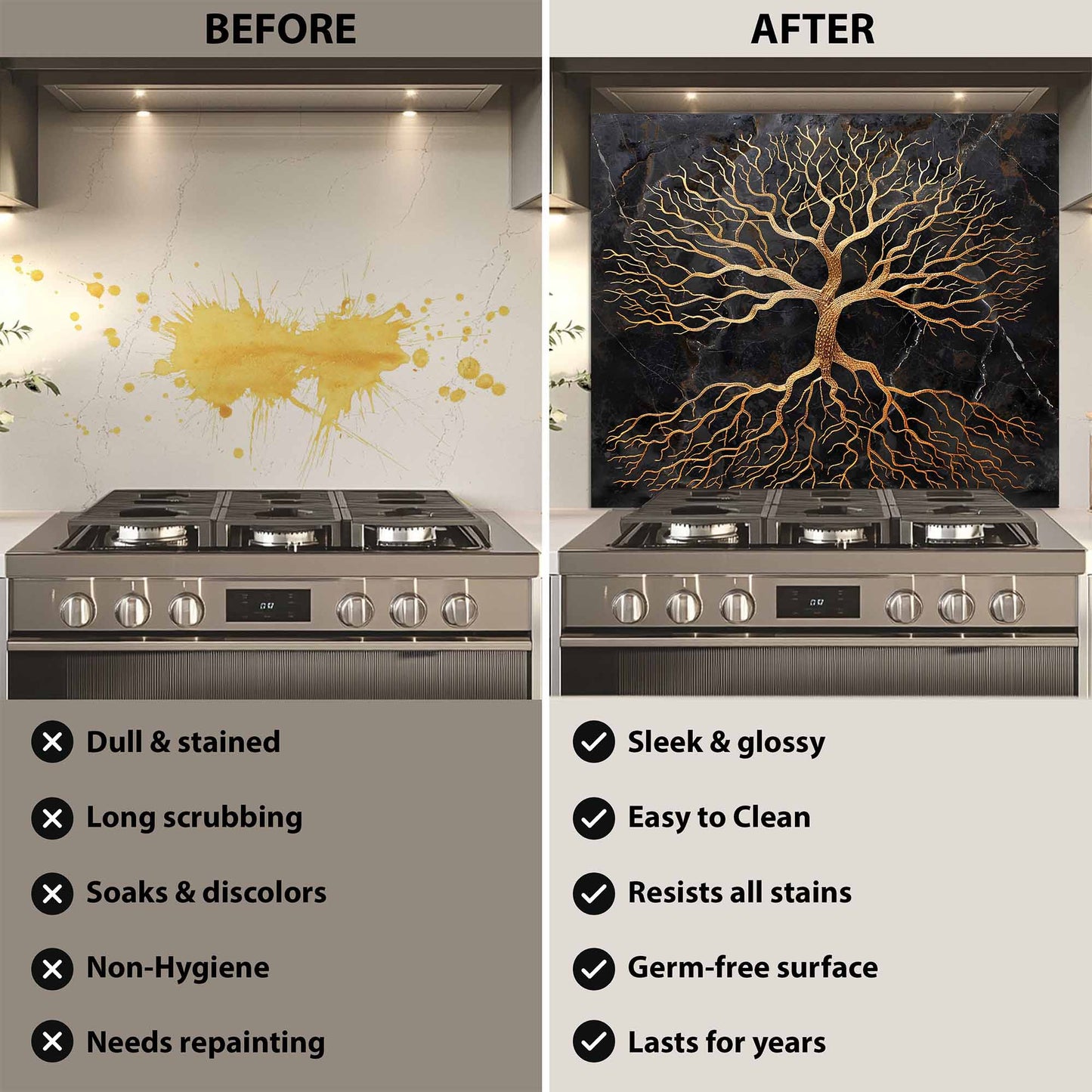 Golden Rooted Tree Glass Backsplash – Kitchen Backsplash Behind Stove