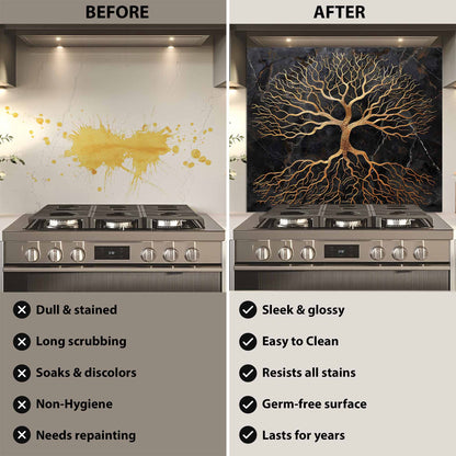 Golden Rooted Tree Glass Backsplash – Kitchen Backsplash Behind Stove