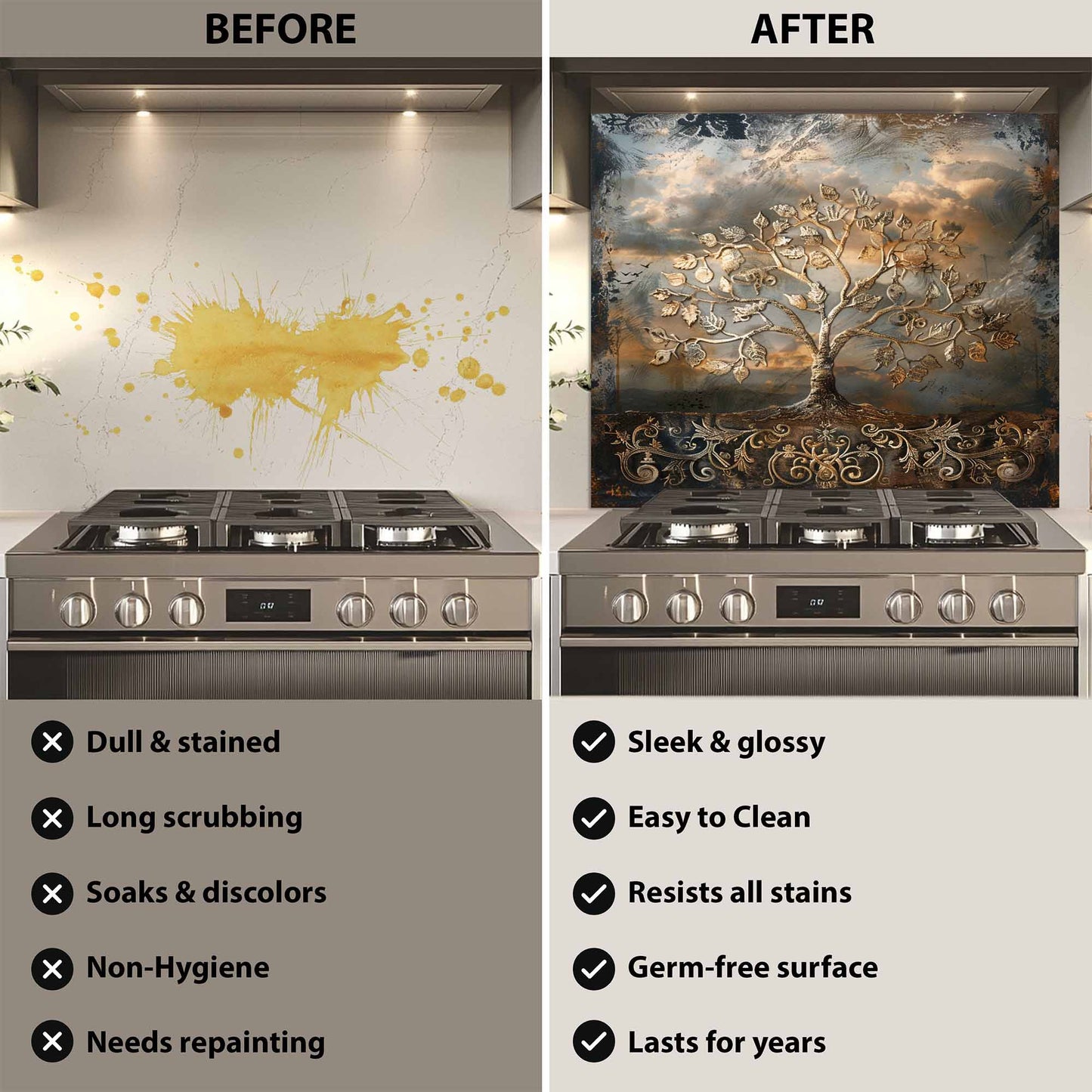 Golden Flourish Kitchen Backsplash –  Tree of Life Glass Backsplash for Stove