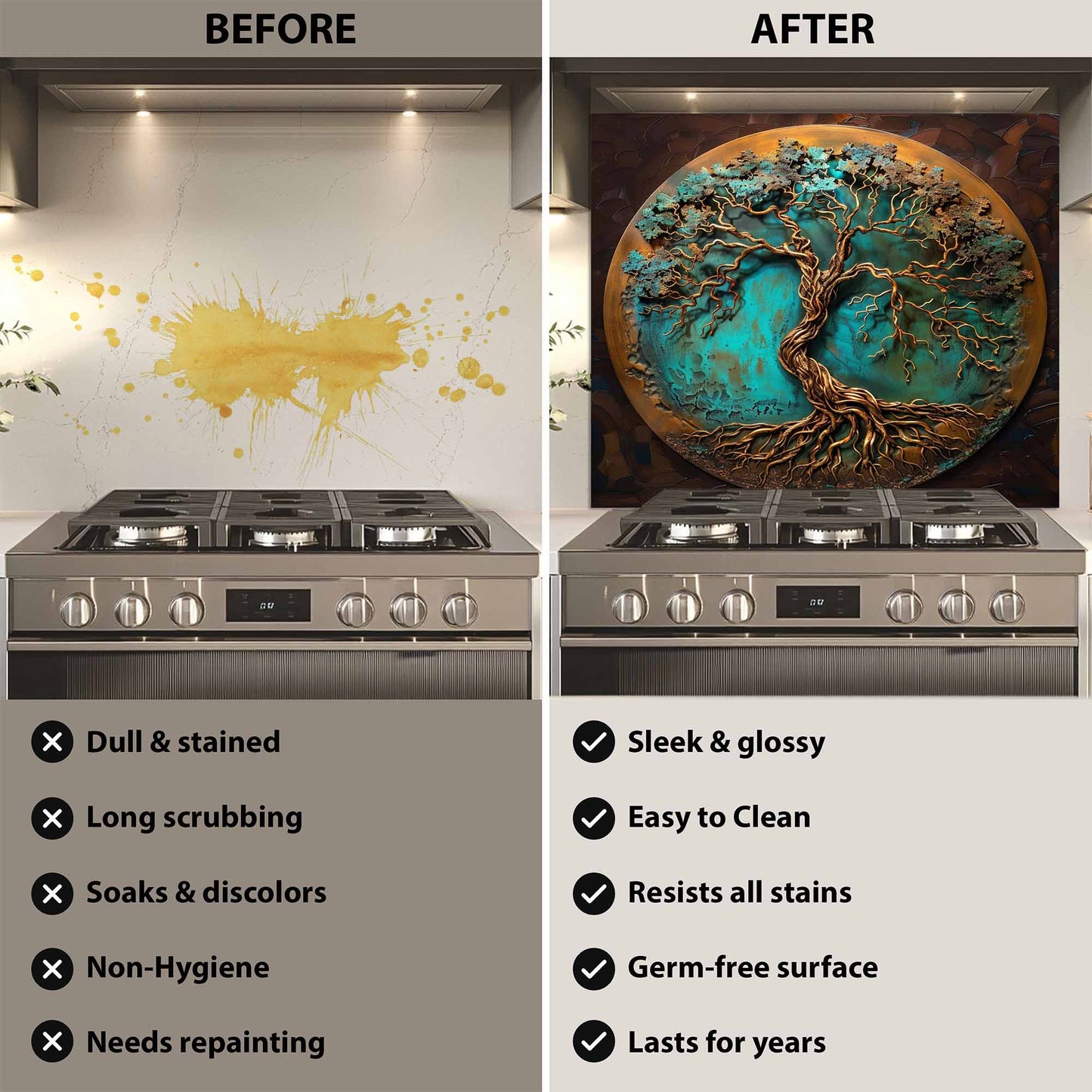 Verdigris Copper Tree Tempered Glass Backsplash – Rustic Glass Backsplash for Kitchen