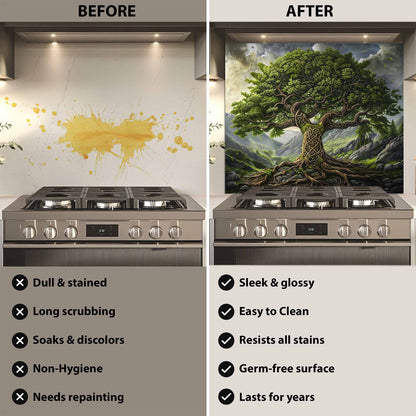 Celtic Mountain Tree Tempered Glass Backsplash – Kitchen Backsplash Behind Stove