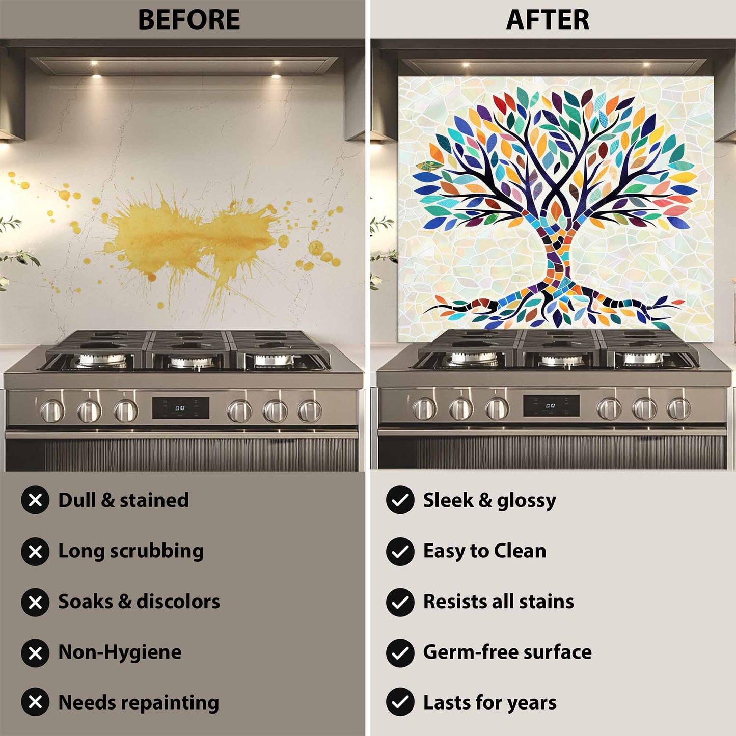 Mosaic Tempered Glass Backsplash – Tree of Life Kitchen Backsplash for Stove or Sink