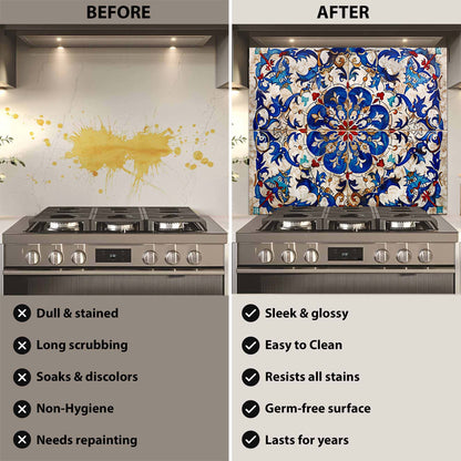 Custom Kitchen Backsplash – Ottoman Blue Tile Tempered Glass Stove Backsplash