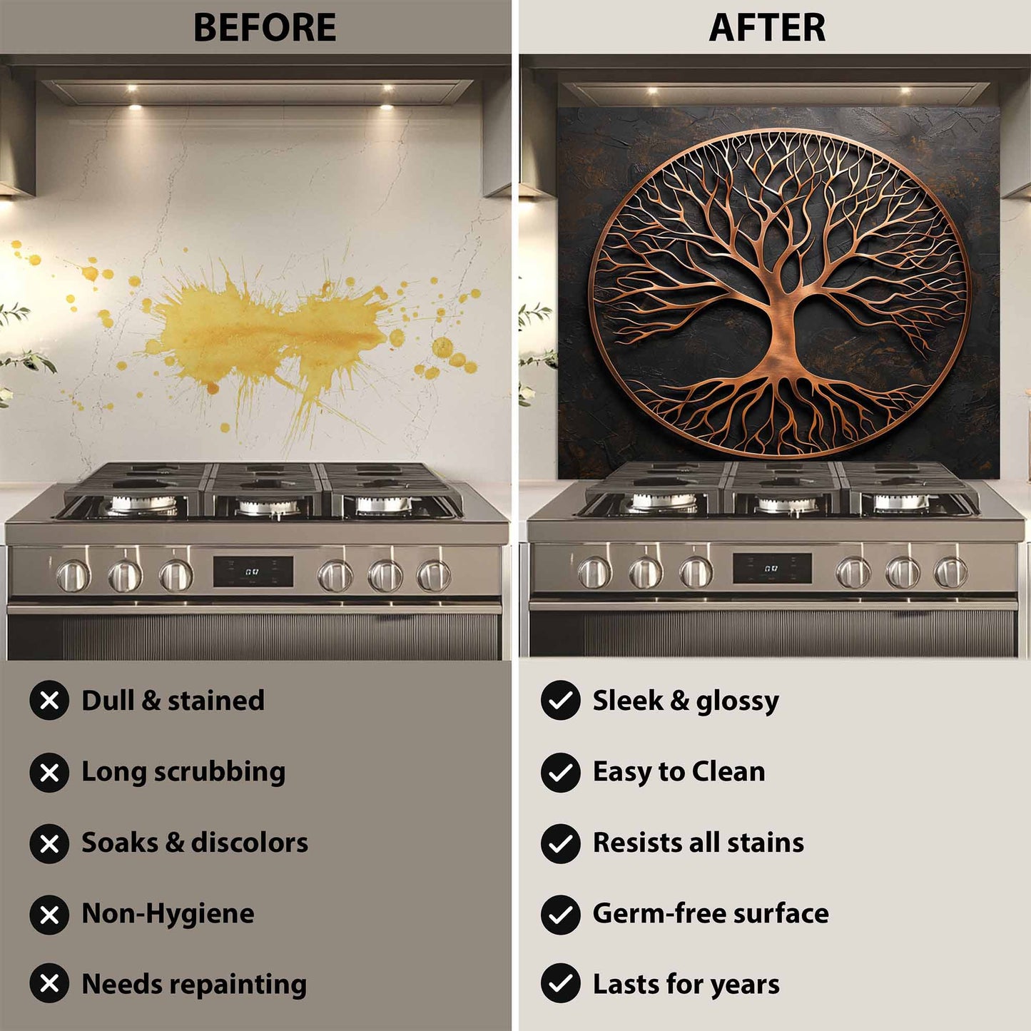 Brushed Roots Tempered Glass Backsplash – Copper Look Tree of Life Kitchen Backsplash